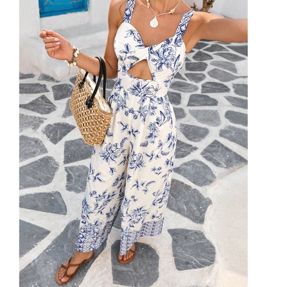 Boho Floral Tropical Print Shirred Wide Leg Cami Jumpsuit - Picture 1 of 6